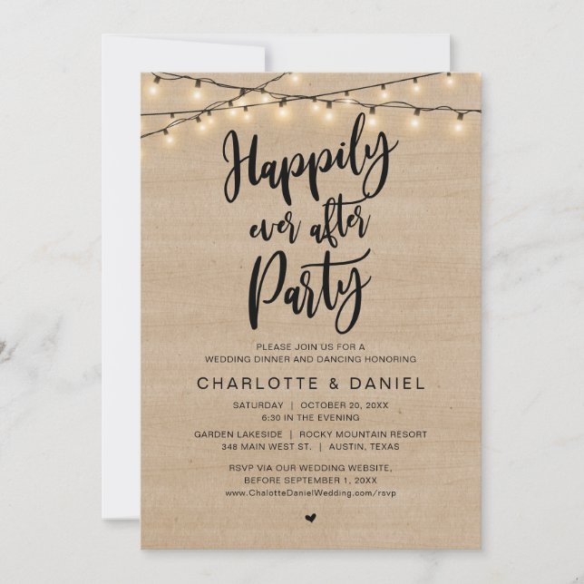 Happily Ever After Party, Rustic Wedding Dinner Invitation (Front)