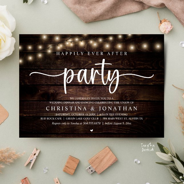 Happily Ever After Party, Rustic Wedding Dinner Invitation (Happily Ever After Party, Rustic Wedding Dinner Invitation Card,  cottage string lights, brown wood)