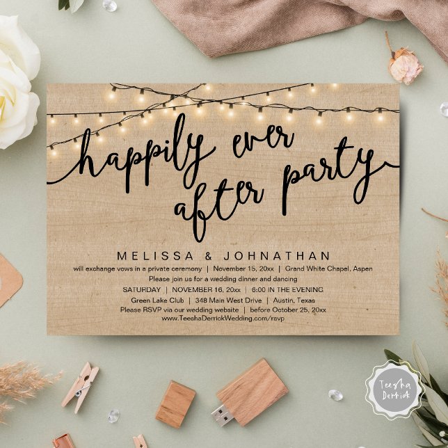 Happily Ever After Party, Rustic Wedding Dinner Invitation (Happily Ever After Party, Rustic Wedding Dinner Invitation Card, PDF, Cottage Brown Wood Graphic)