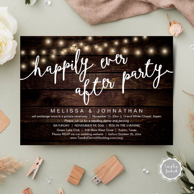Happily Ever After Party, Rustic Wedding Dinner Invitation (Happily Ever After Party, Rustic Wedding Dinner Invitation Card, PDF, Cottage Brown Wood Graphic)