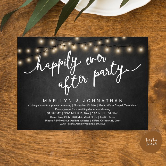 Happily Ever After Party, Rustic Wedding Dinner Invitation (Happily Ever After Party, Rustic Wedding Dinner Dancing Invitation Card, PDF, Chalkboard Background)