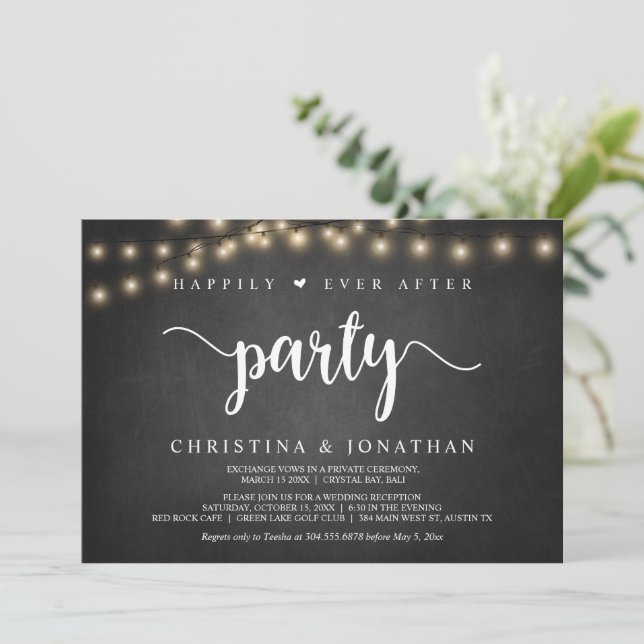 Happily Ever After party, String Lights, Elopement Invitation (Standing Front)