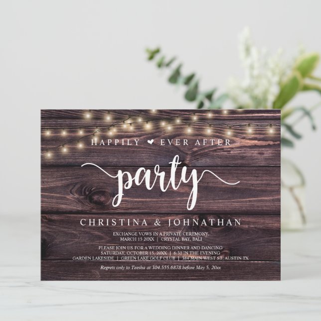 Happily Ever After party, String Lights, Elopement Invitation (Standing Front)
