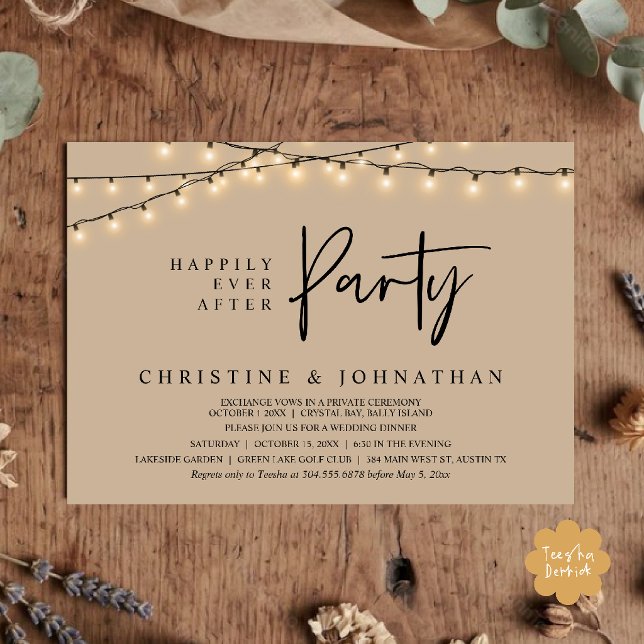 Happily Ever After party,  String Lights Elopement Invitation (Happily Ever After party, String Lights Elopement Invitation Card in Tan Brown)