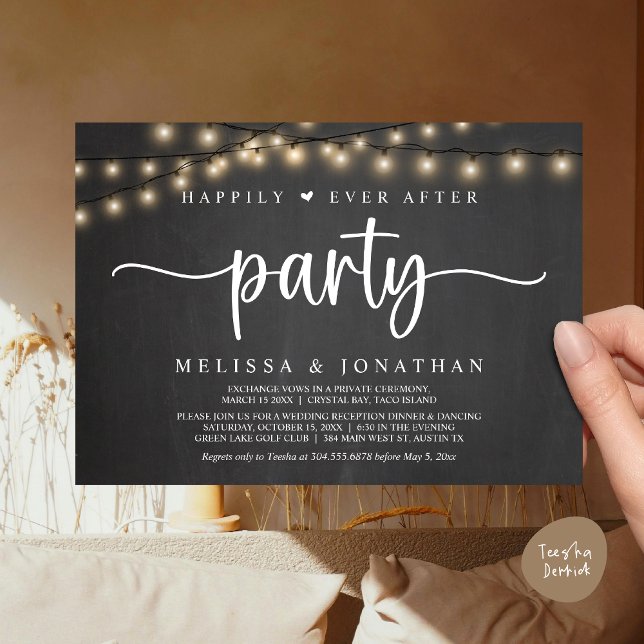 Happily Ever After party,  String Lights Elopement Invitation (Happily Ever After Party, Cottage String Lights Elopement Invitation Card, PDF, Rustic Chalkboard)