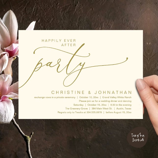 Happily Ever After Party, Wedding Dinner Dancing Invitation (Happily Ever After Party, Romantic Modern Elopement Dinner Dancing Invites Card PDF Yellow Gold)