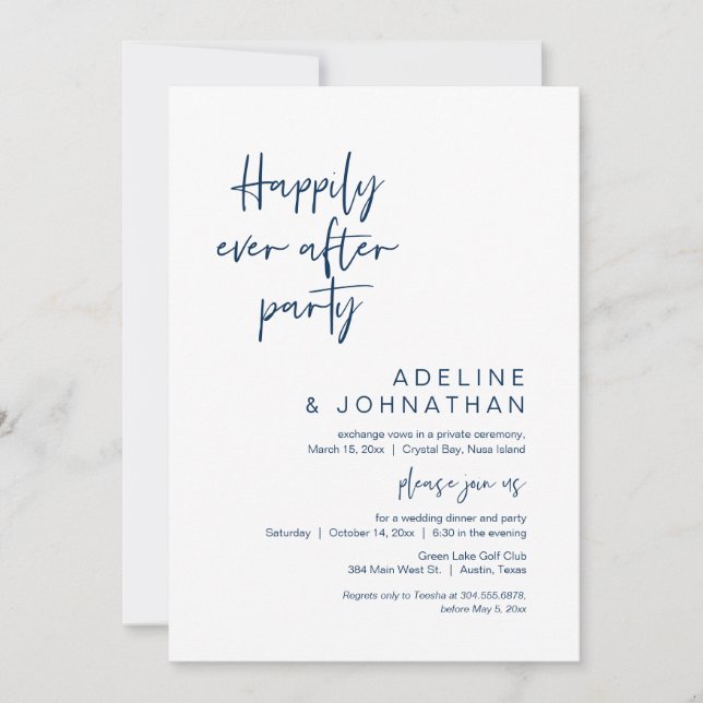 Happily Ever After Party Wedding Dinner, Navy Blue Invitation (Front)