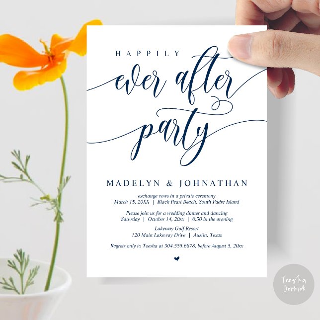 Happily Ever After Party Wedding Dinner, Navy Blue Invitation (Happily Ever After Party, Modern Calligraphy Wedding Dinner Invitation Card, PDF, in Navy Blue)
