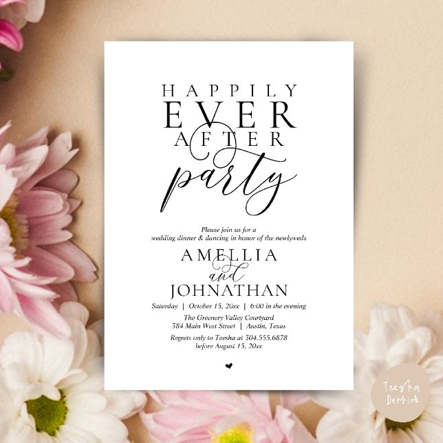 Happily Ever After Party Wedding Elopement Dinner Invitation (Happily Ever After Party Wedding Elopement Dinner Invitation Card in Black and white)