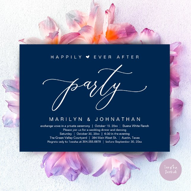 Happily Ever After Party Wedding Elopement Dinner Invitation (Happily Ever After Party Wedding Elopement Romantic Dinner Brunch Invitation Card PDF Navy Blue)