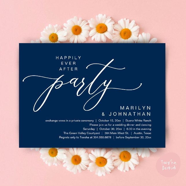 Happily Ever After Party Wedding Elopement Dinner Invitation (Happily Ever After Party Wedding Elopement Romantic Dinner Brunch Invitation Card PDF Navy Blue)
