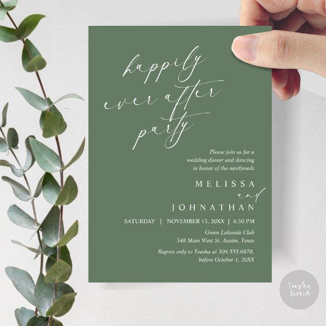 Happily Ever After Party, Wedding Elopement Dinner Invitation (Happily Ever After Party, Wedding Elopement Dinner Invitation Card, PDF, in Forest Sage Green)
