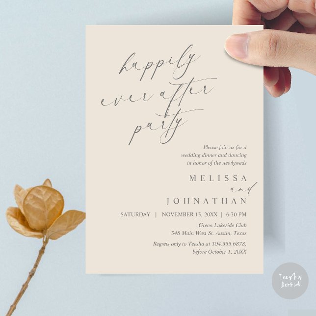 Happily Ever After Party, Wedding Elopement Dinner Invitation (Happily Ever After Party, Wedding Elopement Dinner Invitation Card, PDF, in Cream and Grey)