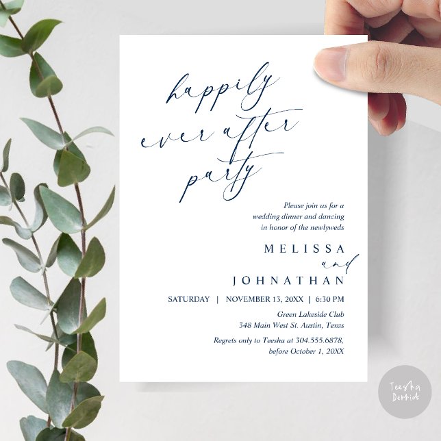 Happily Ever After Party, Wedding Elopement Dinner Invitation (Happily Ever After Party, Wedding Elopement Dinner Invitation Card, PDF, in Navy Blue)