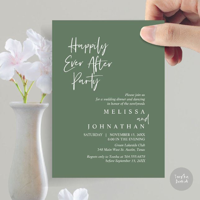 Happily Ever after Party, Wedding Elopement Dinner Invitation (Happily Ever after Party, Wedding Elopement Dinner Invitation Card, PDF, in Forest Sage Green)