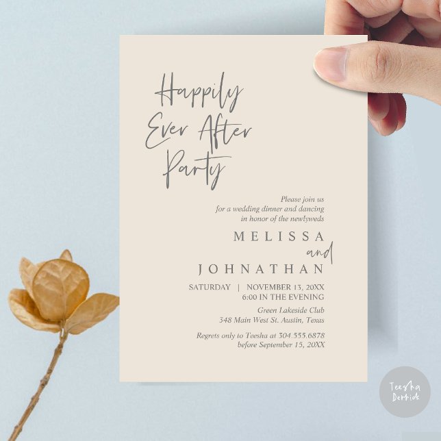 Happily Ever after Party, Wedding Elopement Dinner Invitation (Happily Ever after Party, Wedding Elopement Dinner Invitation Card, PDF, in Dark Grey and Cream)