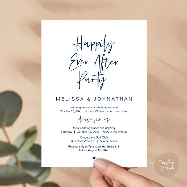 Happily Ever After Party, Wedding Elopement Dinner Invitation (Happily Ever After Party, Wedding Elopement Dinner Brunch Lunch Invitation Card, PDF, Navy Blue)