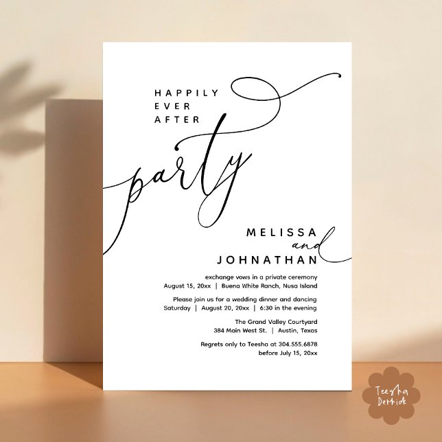 Happily Ever After Party Wedding Elopement Dinner Invitation (Romantic Happily Ever After Party Modern Wedding Elopement Dinner Invitation Card PDF Black White)