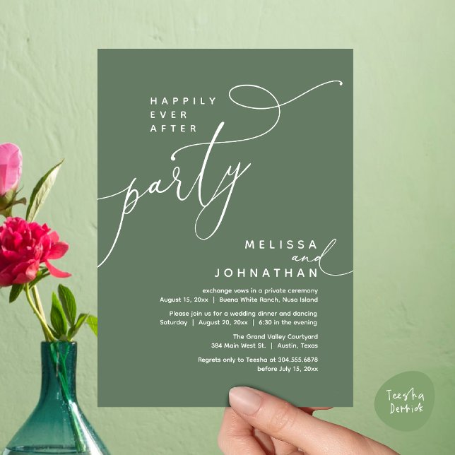 Happily Ever After Party Wedding Elopement Dinner Invitation (Romantic Happily Ever After Party Modern Wedding Elopement Dinner Invitation Card PDF Sage Green)