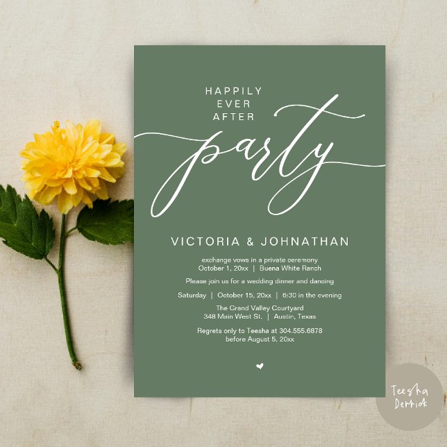 Happily Ever After Party Wedding Elopement Dinner Invitation (Romantic Happily Ever After Party Modern Wedding Elopement Dinner Invitation Card PDF Sage Greenery)