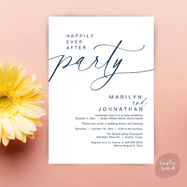 Happily Ever After Party Wedding Elopement Dinner Invitation (Happily Ever After Party Wedding Elopement Dinner Invitation Card PDF Modern Romantic Navy Blue)