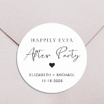 Happily Ever After Party Wedding Reception Classic Round Sticker<br><div class="desc">Chic sticker for your wedding reception or celebration party invitations and party favours featuring "Happily Ever After Party" in a mix of simple typography and a modern script and your first names and reception date. You can change the colours of the text, heart and background by editing in the design...</div>
