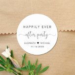 Happily Ever After Party Wedding Reception Classic Round Sticker<br><div class="desc">An elegant sticker for your wedding reception party invitations,  favours and correspondence with "Happily Ever After Party" in a mix of simple modern typography and a stylish script with swashes,  your first names joined by a heart and your reception date.</div>