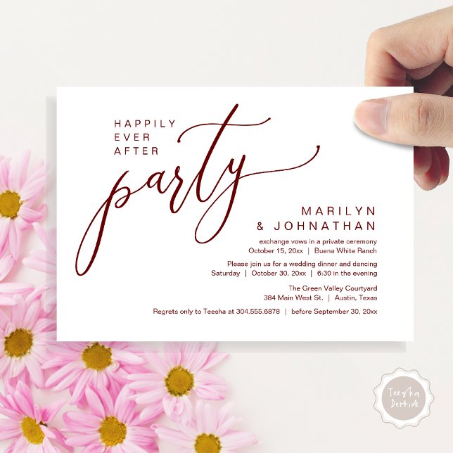 Happily Ever After Party Wedding Reception Dinner Invitation (Happily Ever After Party Modern Romantic Wedding Reception Dinner Invitation Card PDF Burgundy Wine)