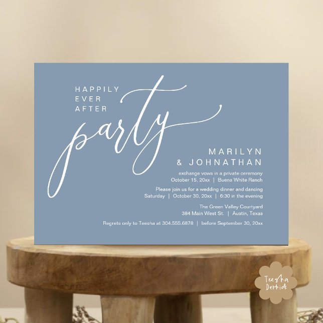 Happily Ever After Party Wedding Reception Dinner Invitation (Happily Ever After Party Modern Romantic Wedding Reception Dinner Invitation Card PDF Dusty Blue)