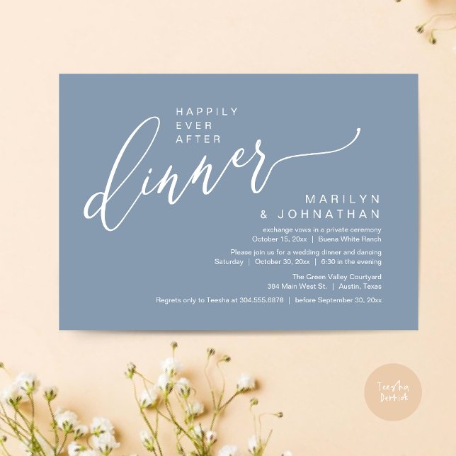 Happily Ever After Party Wedding Reception Dinner Invitation (Happily Ever After Party Modern Romantic Wedding Reception Dinner Invitation Card PDF Dusty Blue)