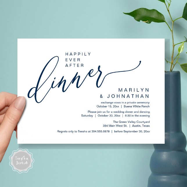 Happily Ever After Party Wedding Reception Dinner Invitation (Happily Ever After Party Modern Romantic Wedding Reception Dinner Invitation Card PDF Navy Blue)