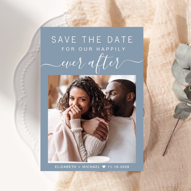Happily Ever After Photo Dusty Blue Wedding Save The Date (A chic photo save the date announcement card for your wedding)