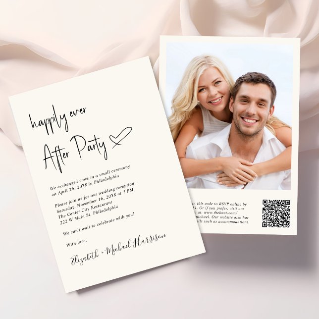 Happily Ever After Photo QR Code Wedding Reception Invitation (An chic Happily Ever After Party all-in-one invitation for your wedding celebration)