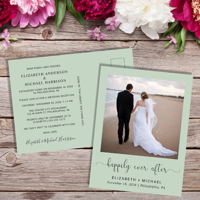Happily Ever After Photo Sage Wedding Reception Invitation Postcard (Creator Uploaded)