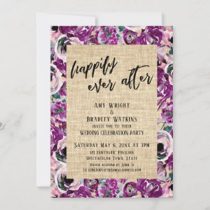 Happily Ever After Pink Painted Flowers Burlap Invitation