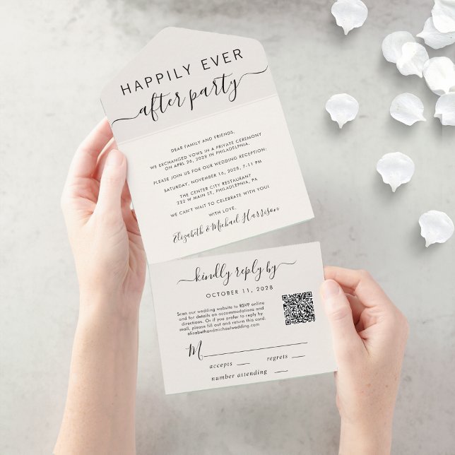 Happily Ever After QR Code Cream Wedding Reception All In One Invitation (An chic Happily Ever After Party all-in-one invitation for your wedding celebration)