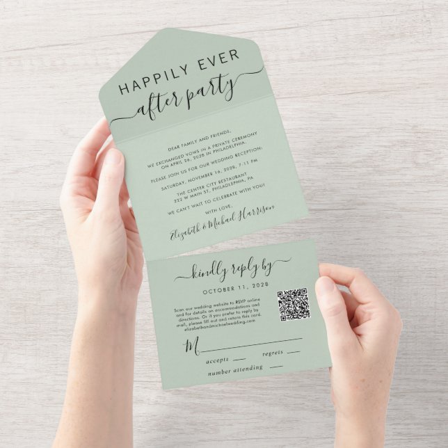 Happily Ever After QR Code Wedding Reception Sage All In One Invitation (Tearaway)