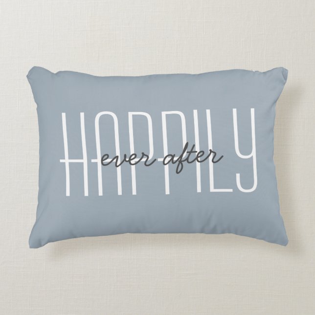 Happily Ever After Quote Modern Typography Blue Decorative Cushion (Front)