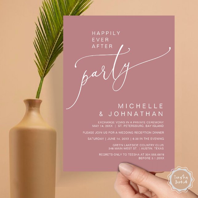 Happily Ever After Reception Dinner and Dancing Invitation (Happily Ever After Reception Dinner and Dancing Cash Bar, Adult only Invitation Card PDF Dusty Rose)