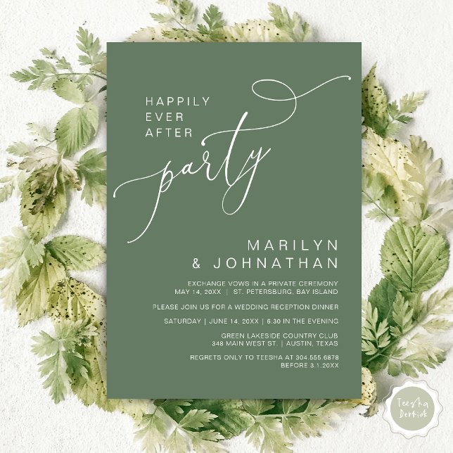 Happily Ever After Reception Dinner and Dancing Invitation (Happily Ever After Reception Dinner and Dancing Cash Bar, Adult only Invitation Card PDF Sage Green)
