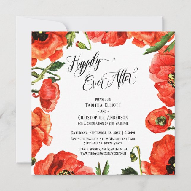 Happily Ever After Red Poppies Wreath Reception Invitation (Front)
