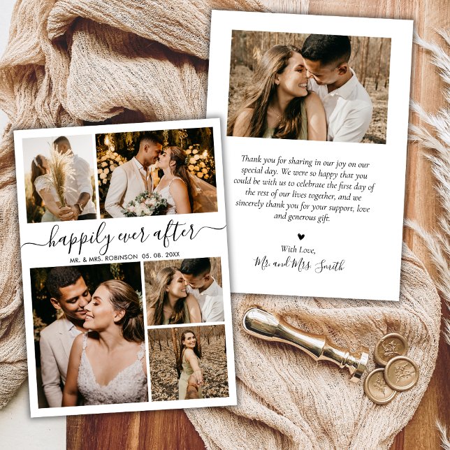 Happily Ever After Script 5 Photo Collage Wedding  Thank You Card (Creator Uploaded)