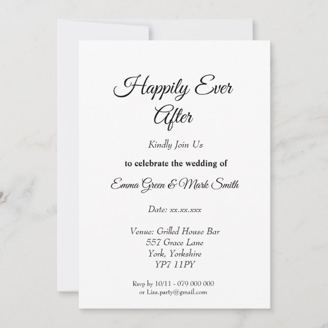 Happily Ever After Script Black & White Wedding  Invitation (Front)