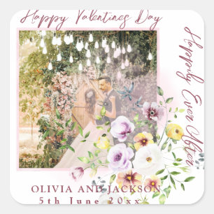 Happily Ever After Script Personalise Couple photo Square Sticker