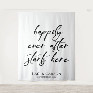 “Happily Ever After Starts Here” Wedding Backdrop Tapestry