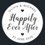 Happily Ever After Thank You Sweet Wedding Favour Classic Round Sticker<br><div class="desc">A Classic Black Wedding Favour Label Sticker featuring "Happily Ever After" in a rustic modern elegant font calligraphy and heart accents. 
You can easily personalised it with your names and wedding date.</div>