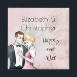 Happily Ever After Vintage Wedding Couple Magnet<br><div class="desc">A cute magnet with a retro vintage style, personalised with your name(s) and text that says happily ever after. An elegant illustration set on a pink background with faded pink roses. A fancy wedding couple illustration in a loving embrace painted with watercolors. Chic and classy with a shabby old fashioned...</div>