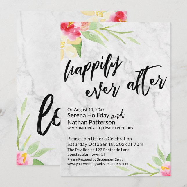 Happily Ever After Watercolor Flowers on Marble Invitation (Front/Back)