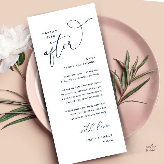 Happily Ever After Wedding Dinner Thank You Card (Welcome and Thanks, Happily Ever After Modern Wedding Dinner Thank You Card in Classy Navy Blue)