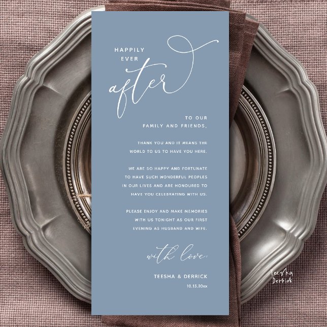 Happily Ever After Wedding Dinner Thank You Card (Welcome and Thanks, Happily Ever After Modern Wedding Dinner Thank You Card in Classy Dusty Blue)
